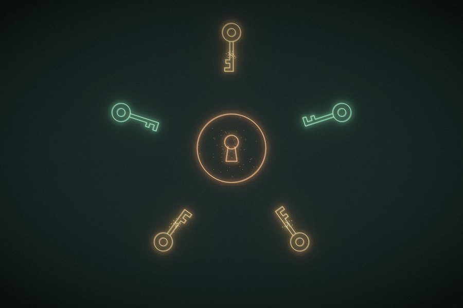 Five keys drawn in light around a lock, three of them glowing gold.
