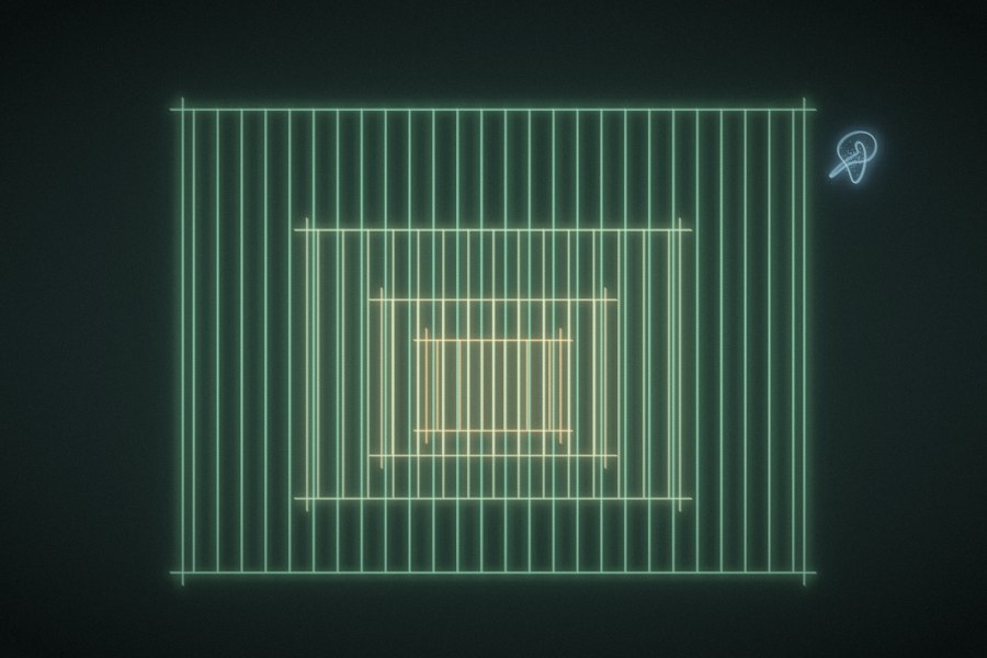 A loom drawn in light, weaving a smaller loom inside itself, with a small blue AI mind beside it.