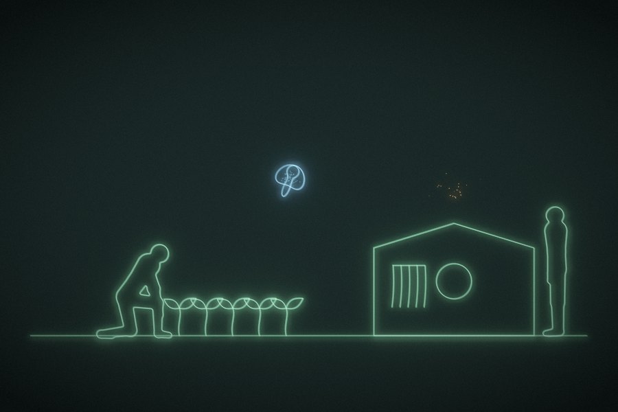 A person kneeling to plant seedlings beside a studio, with a small blue AI mind and golden sparks above.