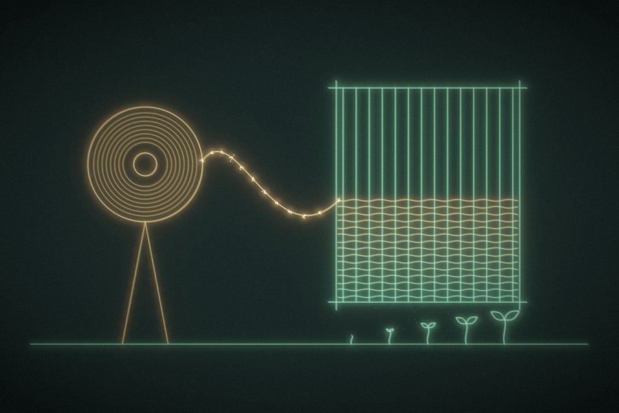 A spool of gold thread feeding a loom drawn in light; the woven cloth turns from gold to green, with seedlings growing below.