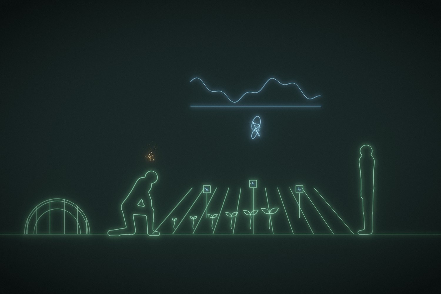 Line drawing in light: a person kneels to plant seedlings in a field while a small blue AI mind hovers over soil sensors, drawing a line of data.